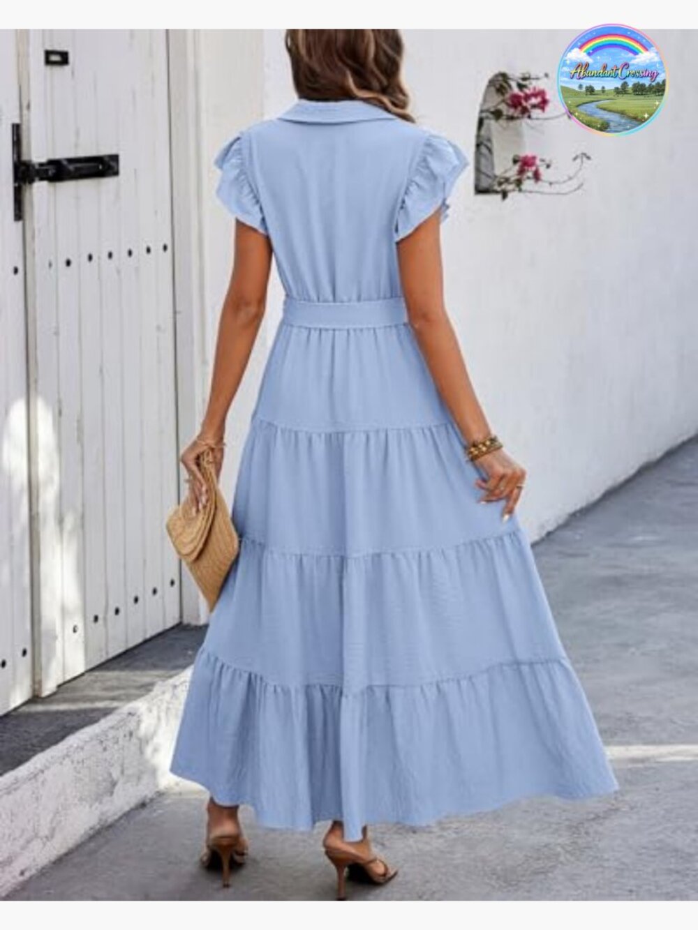 Cap Ruffle Sleeve V Neck Button Tiered Boho Maxi Dress with Pockets - Picture 5 of 7